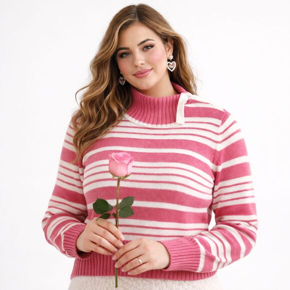 Norton McNaughton Sweaters - McNaughton L Pink Stripe Mock Neck Sweater Cotton Coquette Soft Girl Knit